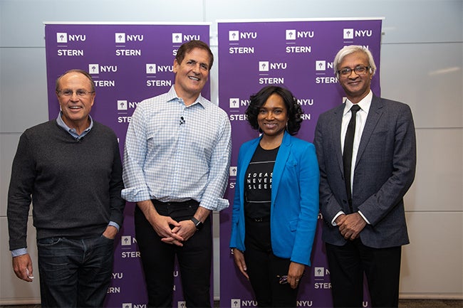 Left to right: Professor Greg Coleman, Mark Cuban, Professor Cynthia Franklin, Dean Raghu Sundaram