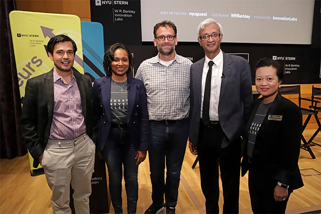 Professor Deepak Hegde, Cynthia Franklin, Frank Rimalovski, Dean Raghu Sundaram, and Phoebe Punzalan