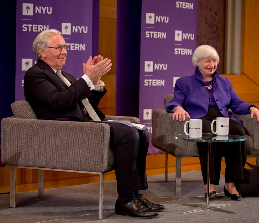 Janet Yellen in Conversation with Lord Mervyn King, at the end of their conversation, Lord King joins the audience in applauding Yellen