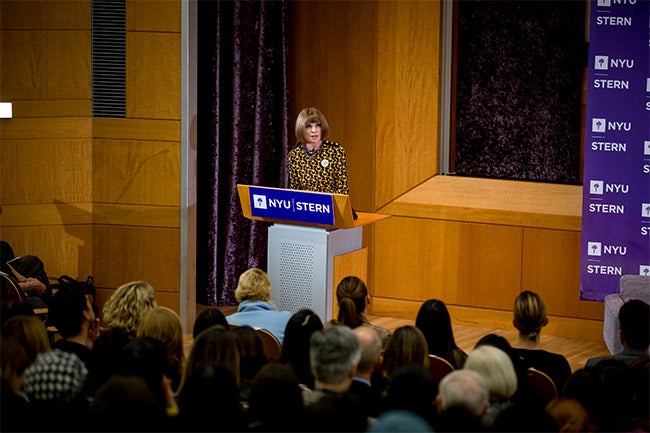 Anna Wintour addresses the crowd with introductory remarks on election day, November 6, 2018.