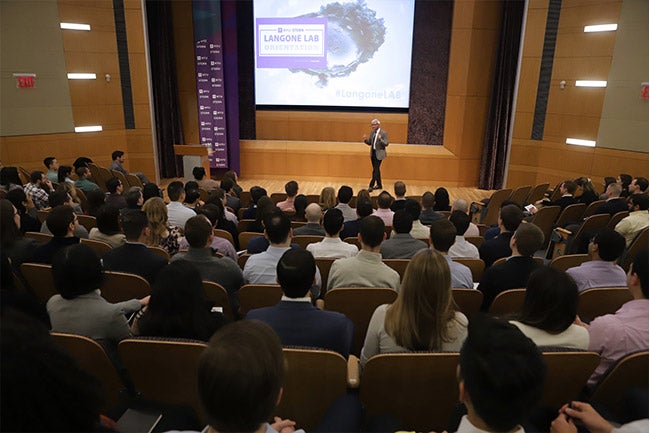 NYU Stern Dean Raghu Sundaram addresses the newest class of Langone part-time MBA students