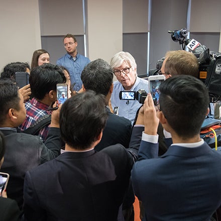 2018 Economics Nobel Laureate Paul Romer speaks to the press