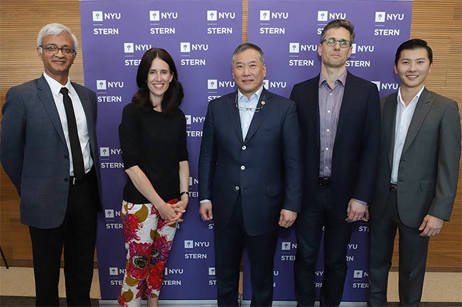 NYU Stern Dean Raghu Sundaram; Michelle Peluso, SVP & Chief Marketing Officer, IBM, and Stern Tech MBA Advisory Board Member; Andre Koo (MBA ‘94), Chairman, Chailease Group, and Stern Tech MBA Advisory Board Member; JP Eggers, Academic Director of Stern’s Andre Koo Technology & Entrepreneurship MBA program; Andre Koo, Jr. (BS ‘18)