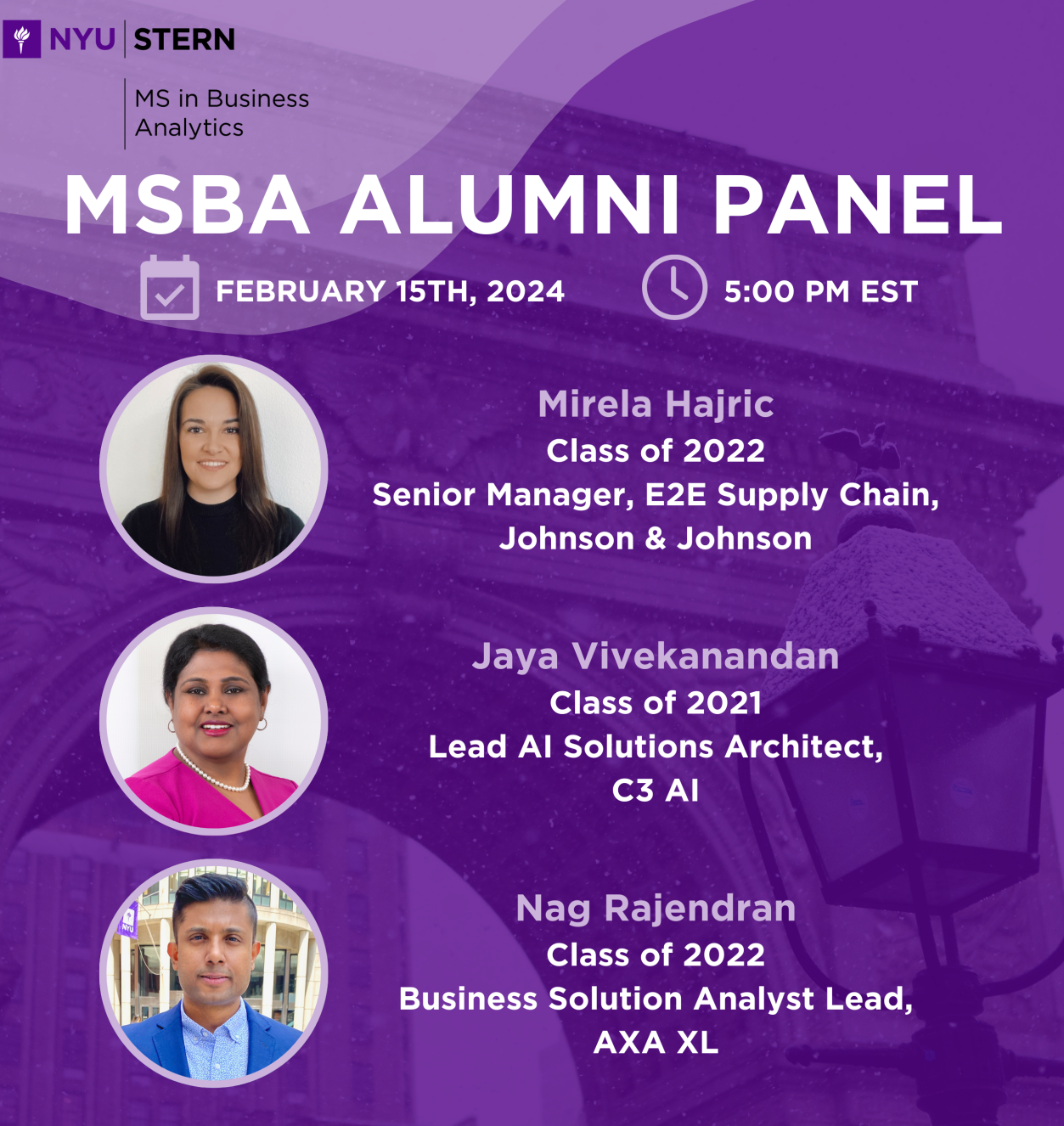 MSBA Virtual Alumni Panel on February 15th at 5PM ET. 