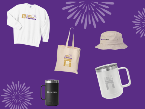 A Reunion 2024 branded sweatshirt, tote bag, and insulated mug. A Stern branded insulated mug and bucket hat.