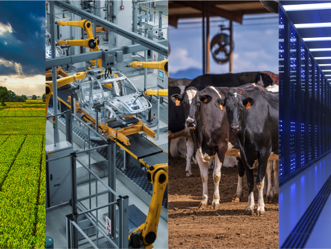 Four images left to right - farm field, auto assembly line, cows and rows of data servers