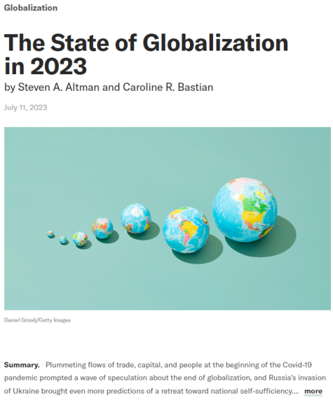 The headline to the article "The State of Globalization in 2023," followed by a graphic with seven globes arranged horizontally of increasing size