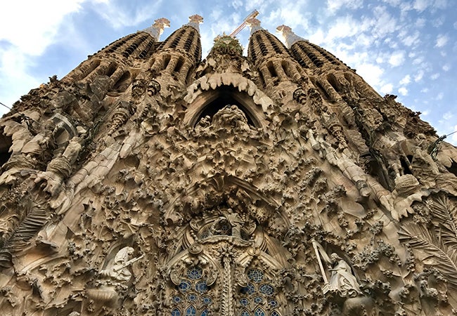 A close-up of the incredibly complex sculptures and carvings that cover one side of La Sagrada Familia Basilica.