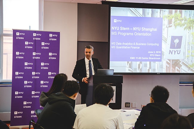 Director of NYU Stern-NYU Shanghai Programs Rohit Deo addresses the inaugural one-year master’s programs cohorts