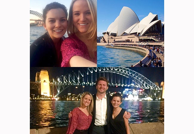 A photo collage shows MBA student Cara Witt-Landefeld with a friend, the Sydney Opera House, and Witt-Landefeld with two friends in front of a bridge at night.