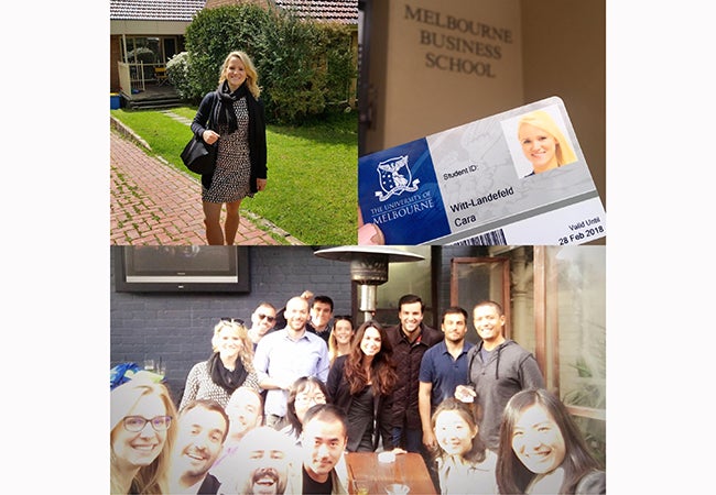a collage shows business student Cara Witt-Landefeld standing in the sun, her Melbourne Business School student ID, and a group of students gathered around a table at a bar.