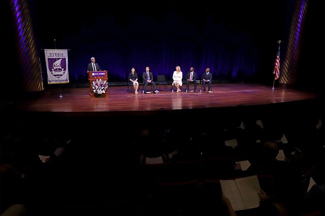 Dean Raghu Sundaram addresses the Executive MBA Class of 2019 at their Graduation Celebration