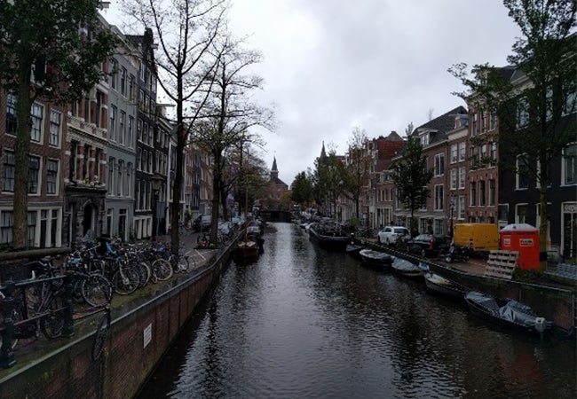 A quiet canal in Amsterdam lined with trees, buildings, and brick streets. 