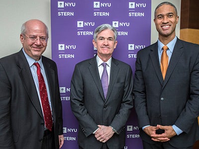 Professor Kim Schoenholtz, Governor Jerome Powell and Dean Peter Henry