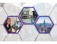 Graphic of woman on computer, NYU Stern exterior and NYC skyline