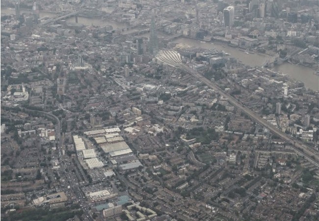 An aerial view of London on an overcast day. 