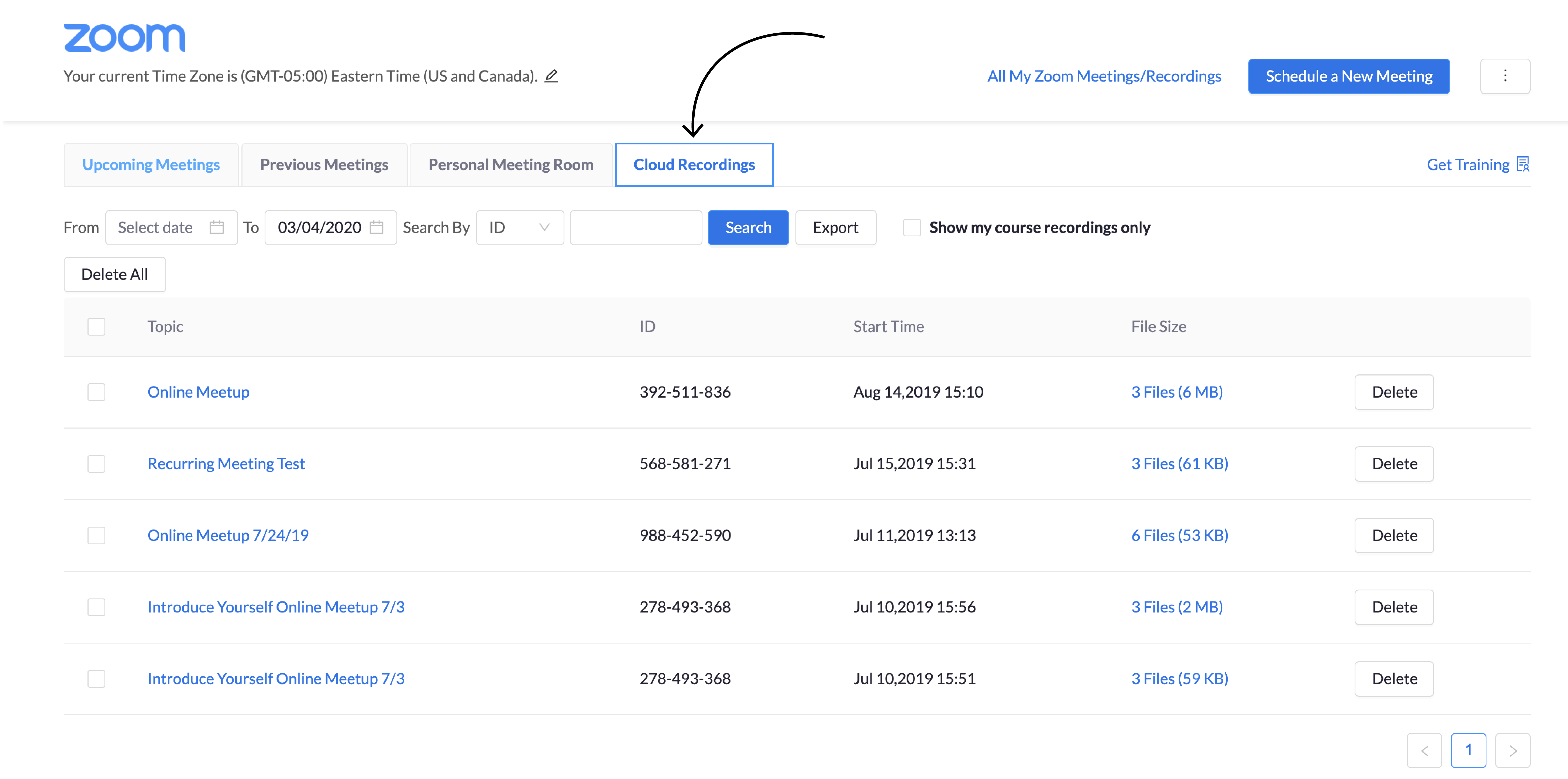 Screenshot of "Cloud Recordings" tab in Zoom in NYU Classes