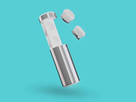 Rendering of pair of white wearable nose air filters with stainless steel case