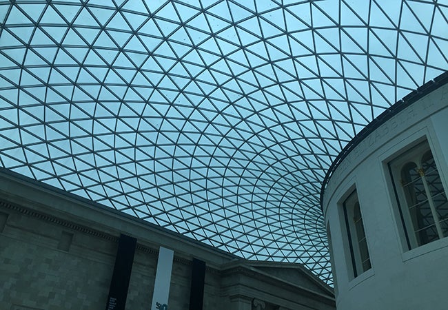 The curved glass ceiling of a building is made up of many triangular panels. 