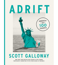 book cover of adrift: america in 100 charts. the statue of liberty is seen half sunk into an endless ocean
