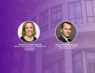 A purple graphic includes pictures of Stephanie Glenn (MBA ‘09) and Guillaume Jesel (MBA ‘98)