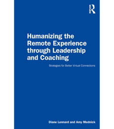 book title "humanizing the remote experience through leadership and coaching" in white font on a navy blue background