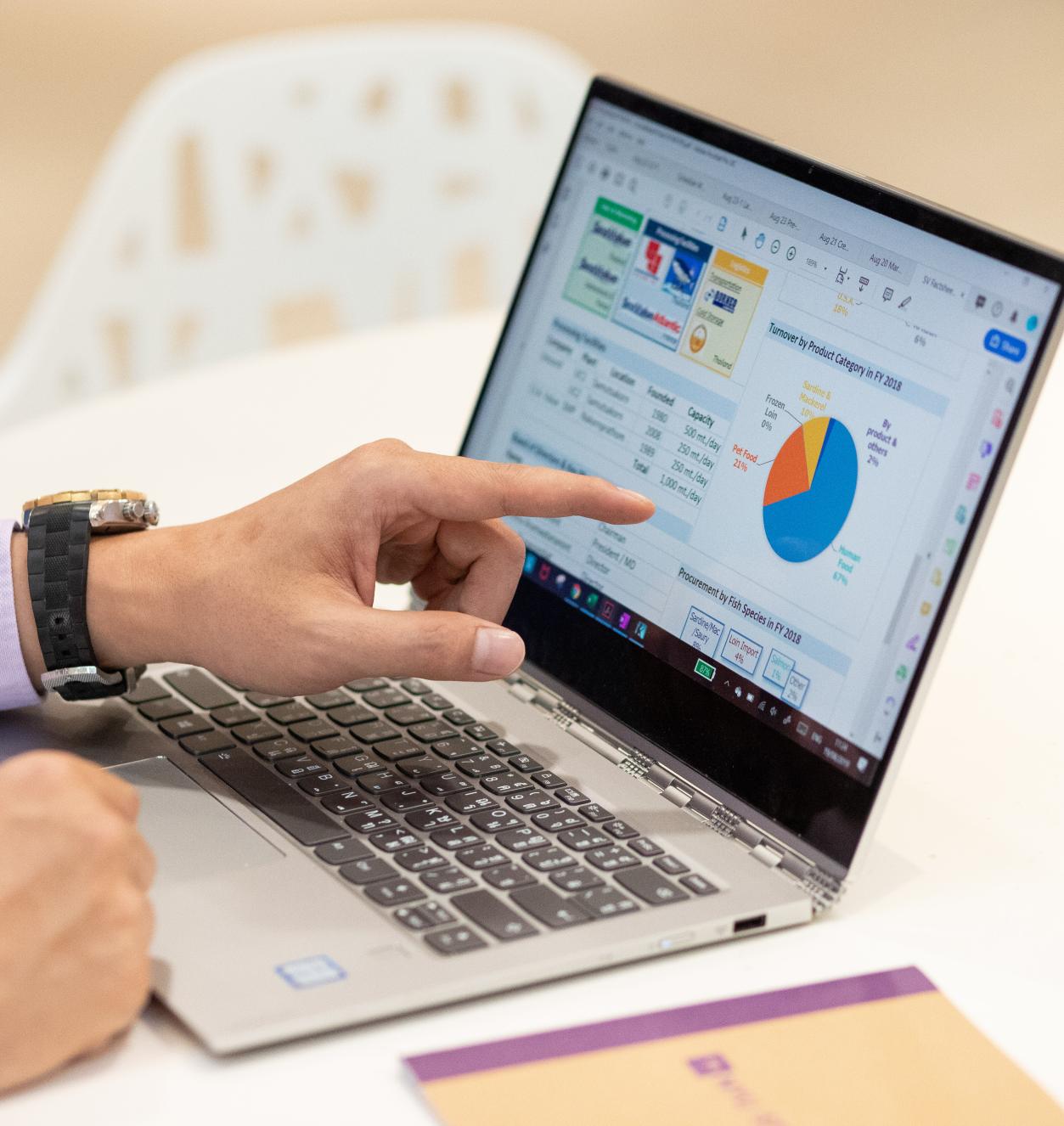 man pointing to laptop screen which displays various colorful charts and graphs.