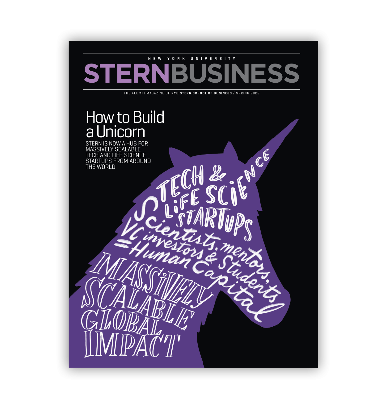 The Fall 2022 cover of Stern Business magazine shows an outline of a purple unicorn with a text overlay