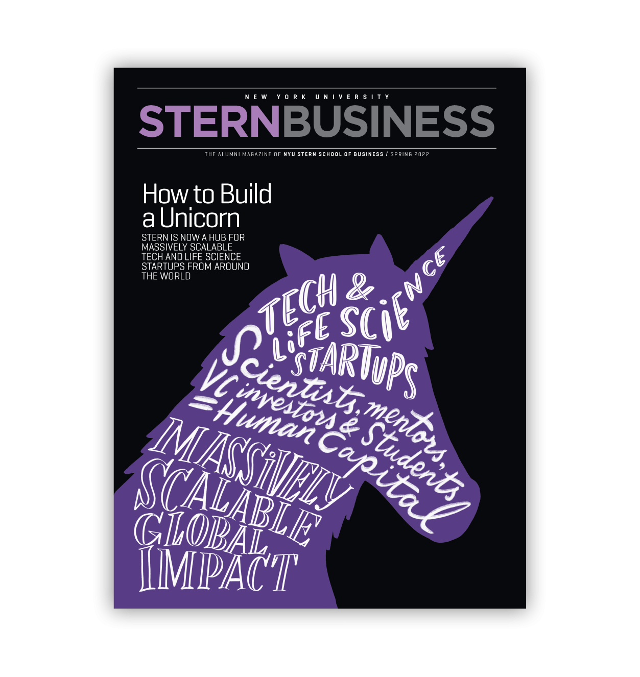 The Fall 2022 cover of Stern Business Magazine The Fall 2022 cover of Stern Business magazine shows an outline of a purple unicorn with a text overlay