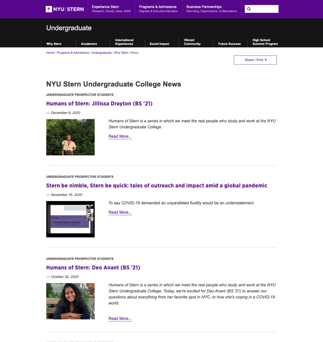 NYU Stern Undergraduate College News Image