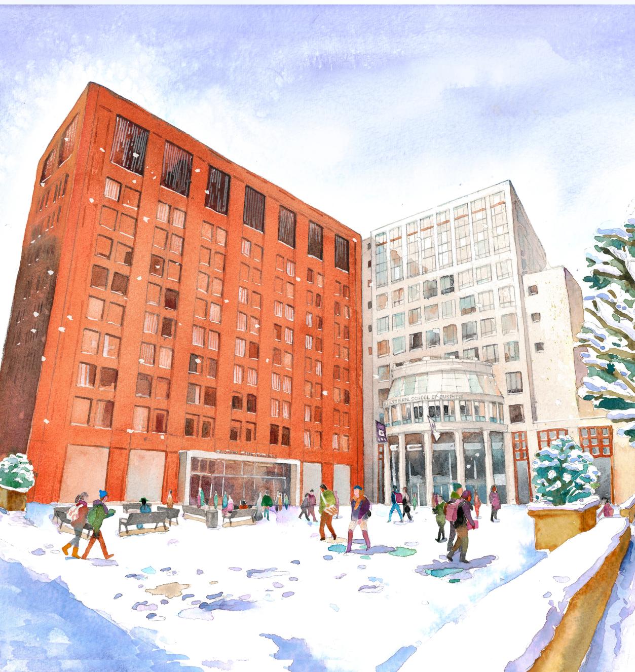 An illustration of a wintery scene at Gould Plaza
