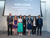 From left to right: Dean Raghu Sundaram, Elizabeth Elting (MBA ’92), Vanessa Rissetto (Culina Health), President-Designate Linda Mills, Aileen Mastouri (RevivBio), Massa Shoura (Phinomics), and EFL Founding Director Professor Deepak Hegde