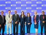 Left to Right: Rob Salomon, Dean, Stern at NYUAD; John Tate, CEO, Tamkeen; Raghu Sundaram, Dean, NYU Stern School of Business; Rima Al Mokarrab, Trustee, NYU, and Chair, Tamkeen; Linda Mills, President, NYU; Mariët Westermann, Vice Chancellor, NYU Abu Dhabi; Arlie Petters, Provost, NYU Abu Dhabi