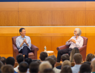 NYU Board of Trustees Member and Stern Executive Board Member David Ko (BS ’93), CEO and Board Member of Calm, and Professor Vasant Dhar talking as a part of LAUNCH