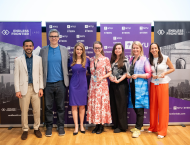 Left to right: Endless Frontier Labs Founding Director Deepak Hegde, Interim Dean J.P. Eggers,  Elizabeth Elting (MBA ‘92), Capella Kerst of geCKo Materials, Maria Soloveychik of SyntheX, Martina Kingvall of Telness Tech, and Moran Snir of Nest Genomics