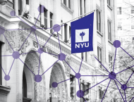 Graphic of purple dots connected by lines over black and white image of NYU school building
