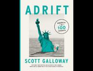 book cover of adrift: america in 100 charts. the statue of liberty is seen half sunk into an endless ocean