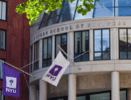 NYU Flags outside of Kaufman Management Center