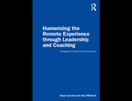 book title "humanizing the remote experience through leadership and coaching" in white font on a navy blue background