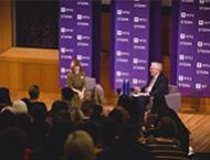 Anna Wintour (left) in conversation with Lord Mervyn King (right)