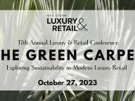 An invite that reads: NYU Stern Luxury & Retail club, 17th Annual Luxury and Retail Conference, The Green Carpet, Exploring Sustainability in Modern Luxury Retail, October 27, 2023."