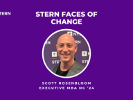 A violet graphic that says: "Stern Faces of Change, Scott Rosenbloom, Executive MBA DC ‘24" and includes a headshot.
