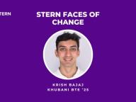 A violet graphic that says: "Stern Face of Change Krish Bajaj, Khubani BTE '25" with a headshot.