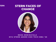 A violet graphic that says: Stern Faces of Change: Neha Medikayala, NYU Stern Andre Koo Tech MBA ’25
