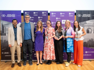 Left to right: Endless Frontier Labs Founding Director Deepak Hegde, Interim Dean J.P. Eggers, Elizabeth Elting (MBA ‘92), Capella Kerst of geCKo Materials, Maria Soloveychik of SyntheX, Martina Kingvall of Telness Tech, and Moran Snir of Nest Genomics