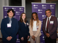 From left: Jesús Gomez (BS/MS ’27), Renee Bogda (MBA ’26), and Nicole Stallings (BS ’26) along with Dean Bharat Anand