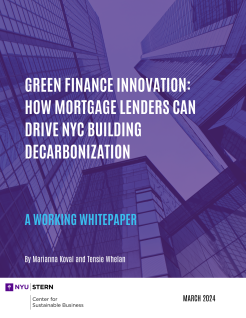 Image of skyscrapers with purple overlay and white and blue text.