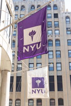 A picture of violet and white NYU flags in front of KMC.