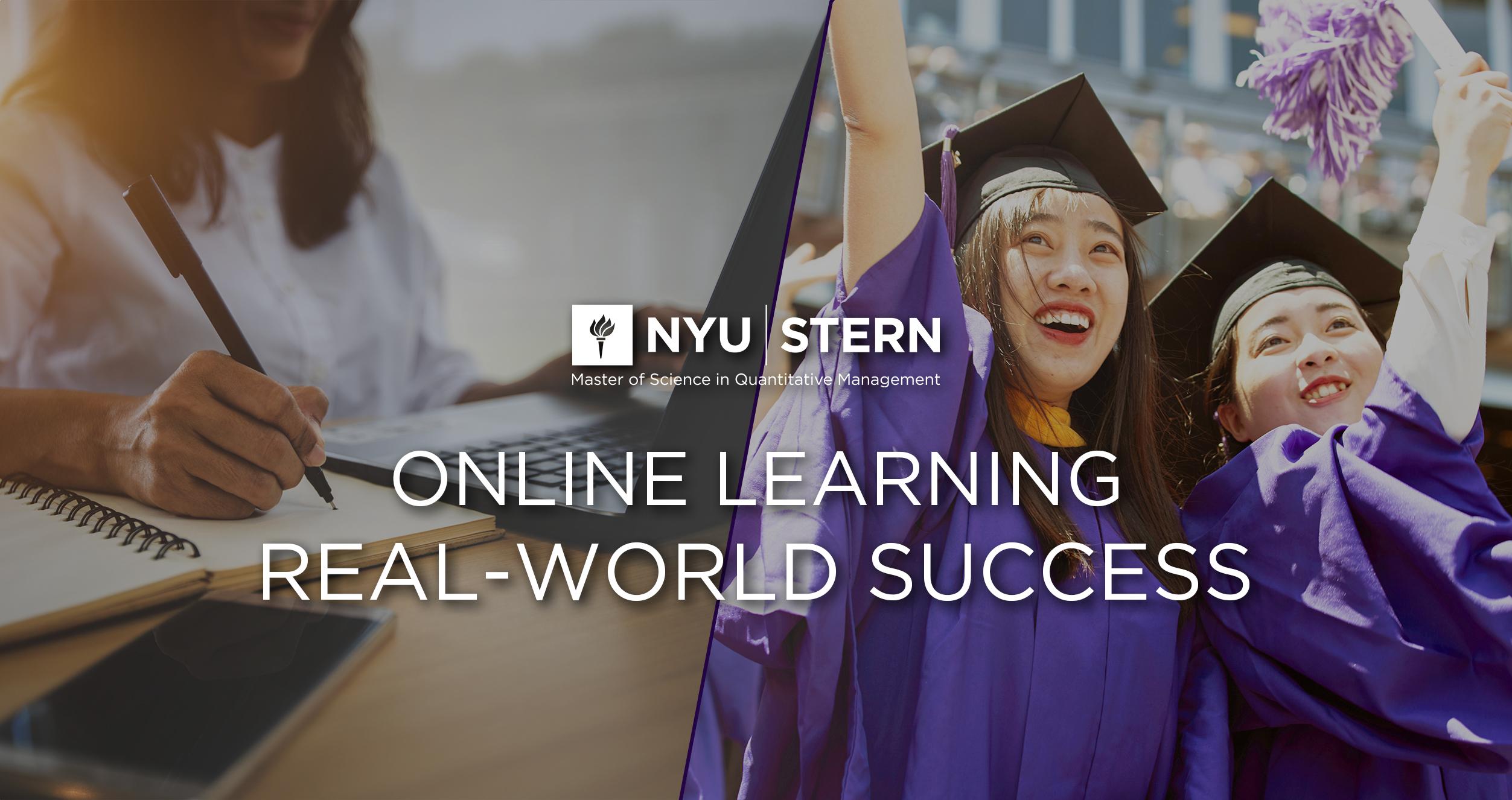 Slogan says online learning, real-world success, showing a remote student's laptop on the left side and a couple of graduates on the right side