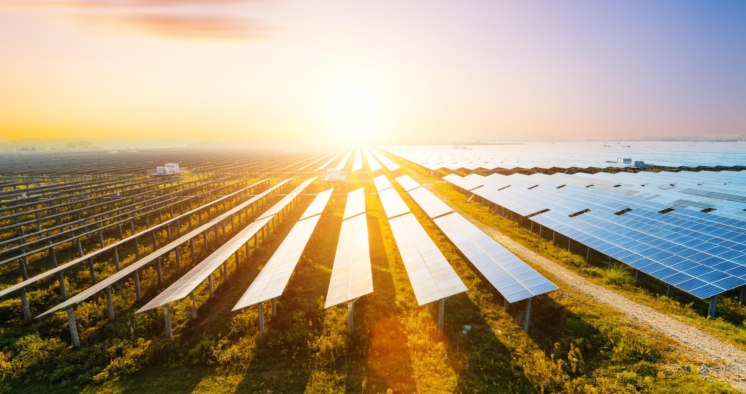 Photovoltaic modules reflect sunset light and clouds